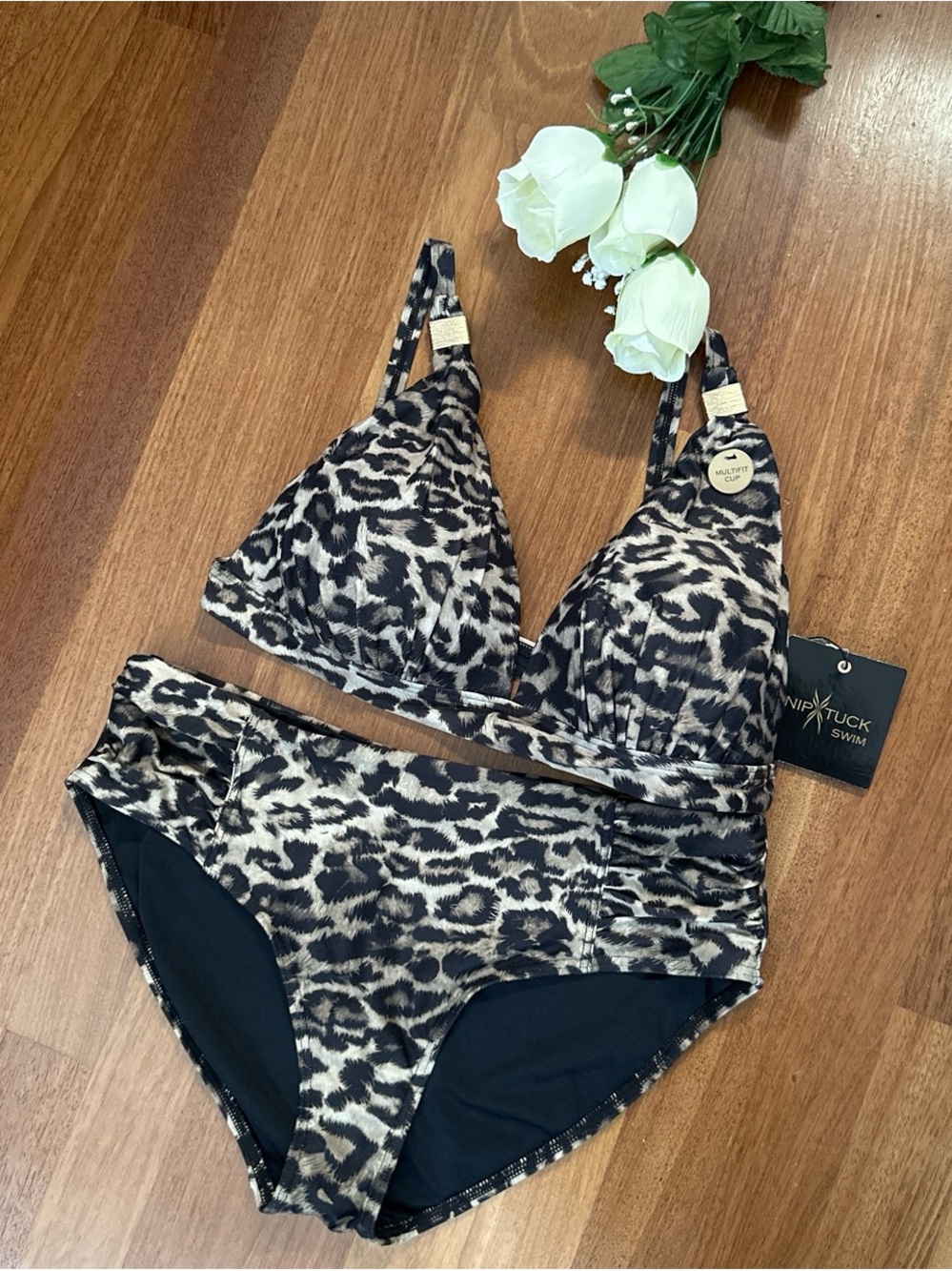NipTuck Swim Leopard Print High-Waist Bikini Set - Black & Cream
